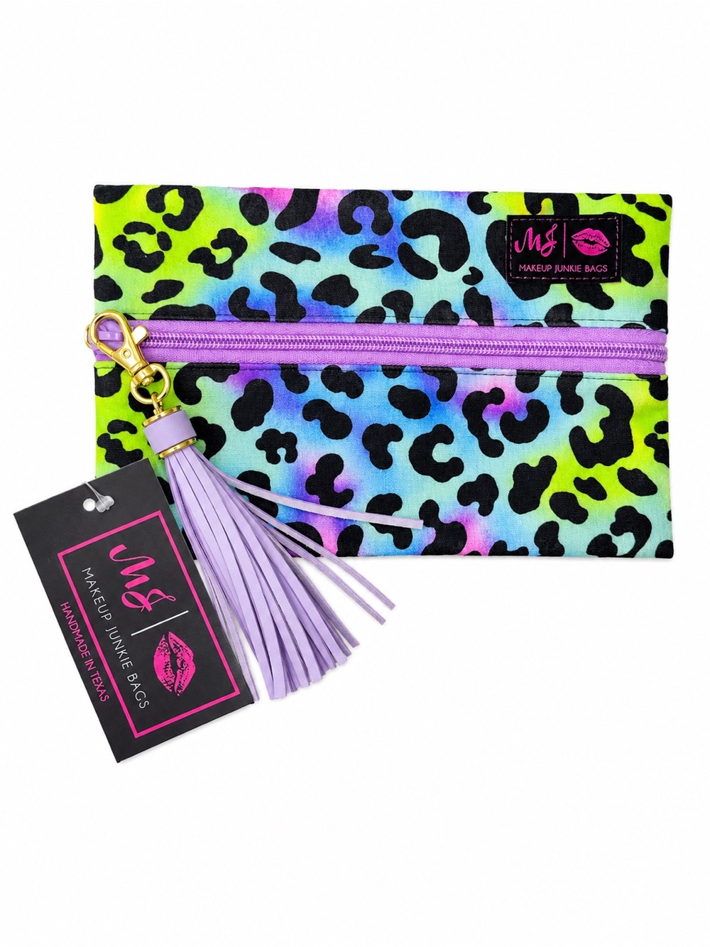 Makeup Junkie Neon Leopard MINI Cosmetic Pouch in Multi-Color with Purple Tassel